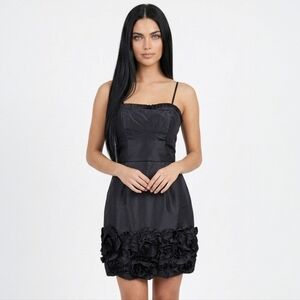 NWT Max & Cleo Black Rosette Mini Dress Size 6 Spaghetti Strap Boned Bodice